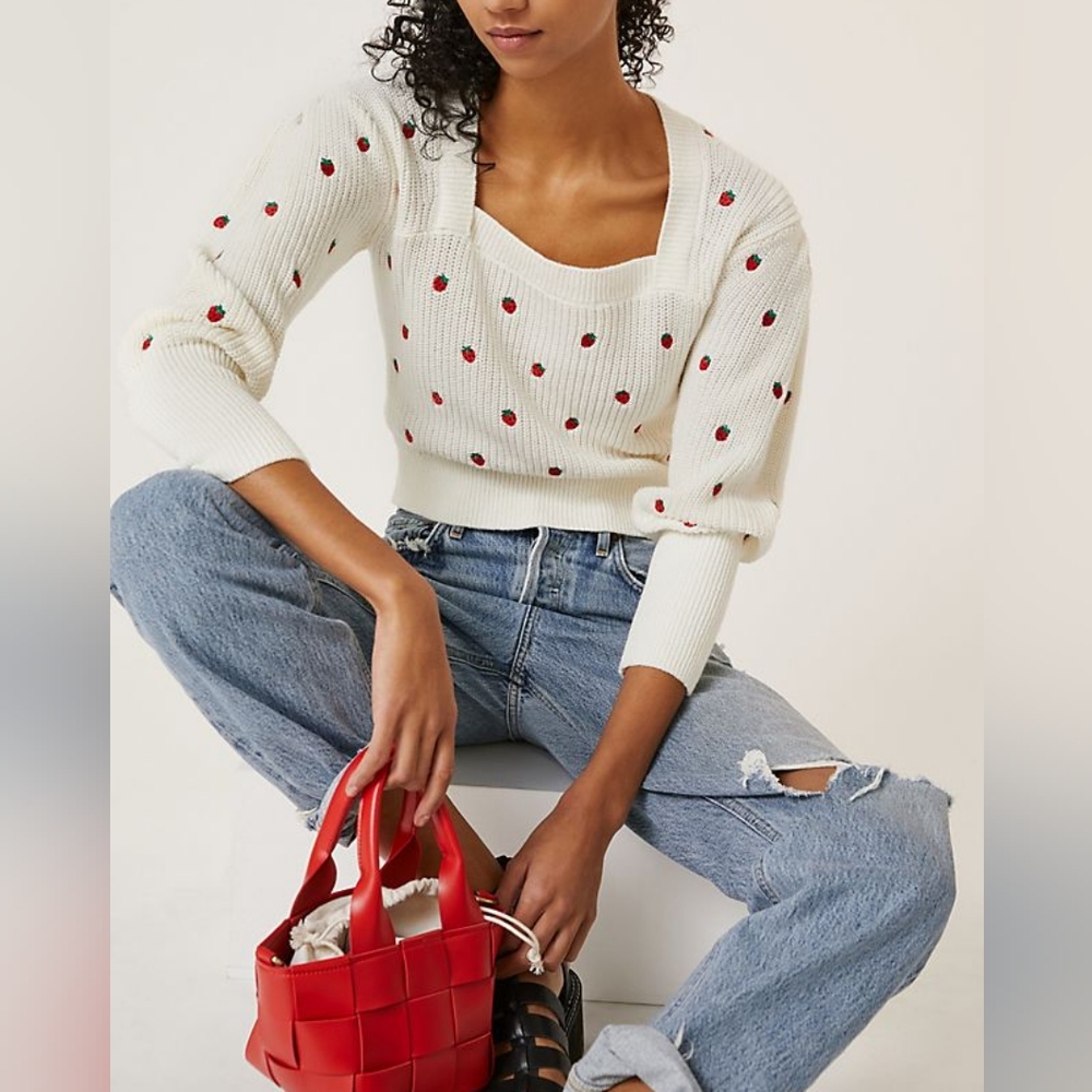 MAEVE by Anthropologie White Knit Strawberry Embroidered Sweater XS